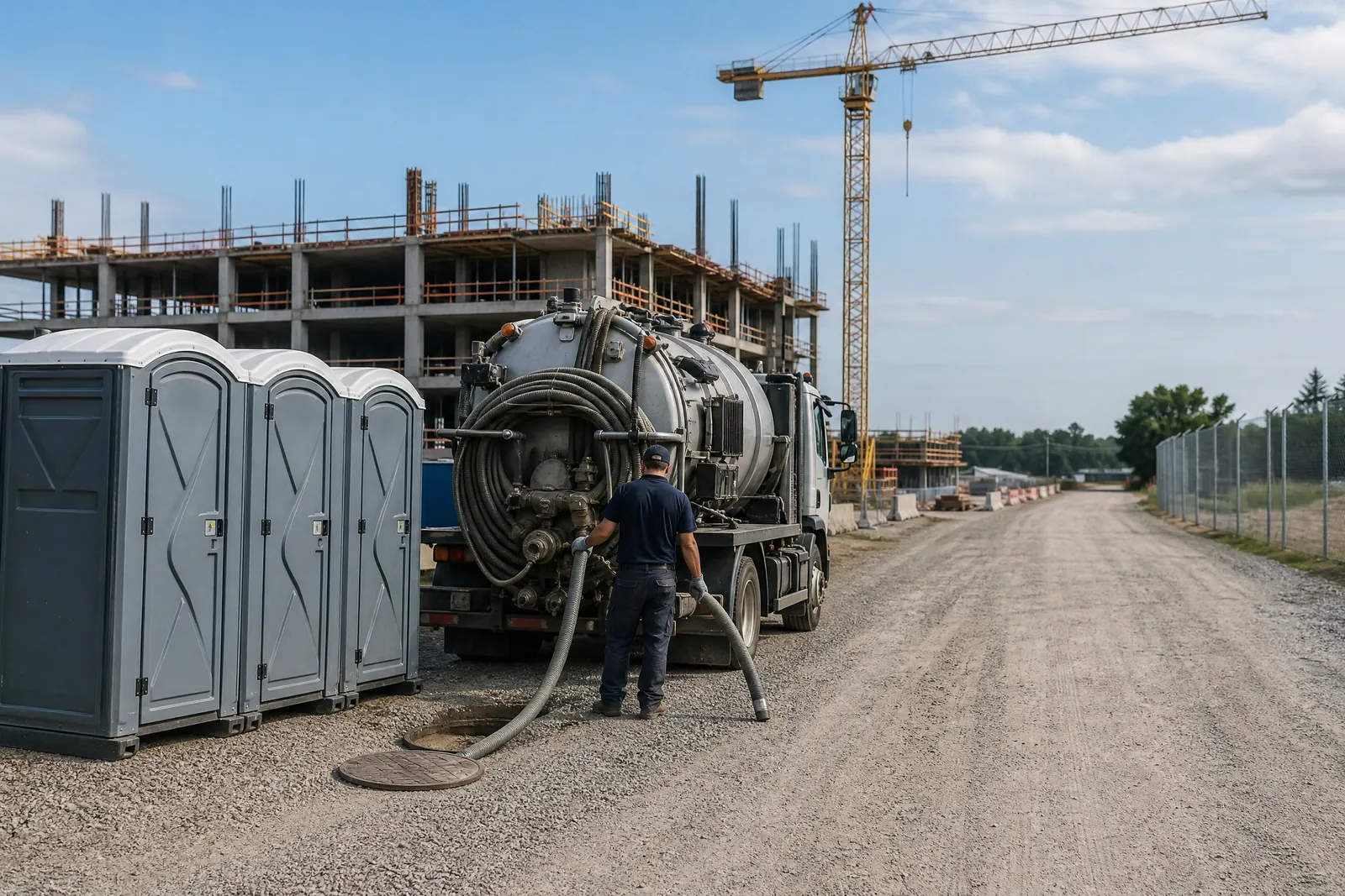 Long-term portable restrooms with steady servicing portable sanitation setup